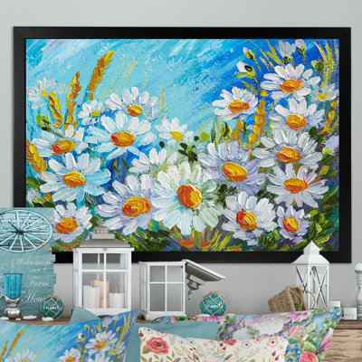 Fleurs de champ de camomille printanières - reproduction sur toile avec cadre flottant