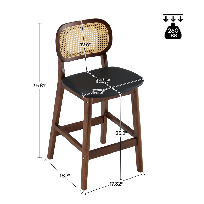 25" Black Faux Leather and Wood Counter Height Bar Stools with Rattan Backrest