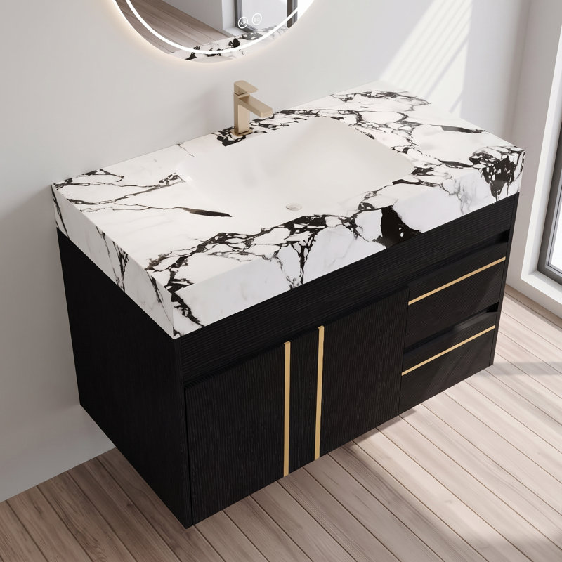 Meuble-lavabo mural simple noir de 91 cm (36 po) avec lavabo en céramique et comptoir en pierre frittée veinée.