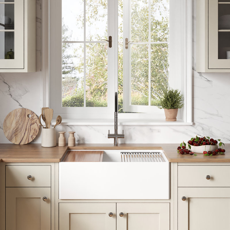 Ruvati 30 inch Fireclay Workstation White Farmhouse Kitchen Sink Apron Front Single Bowl