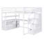 Lit mezzanine double avec bureau et tablettes, deux tiroirs intégrés, escalier de rangement