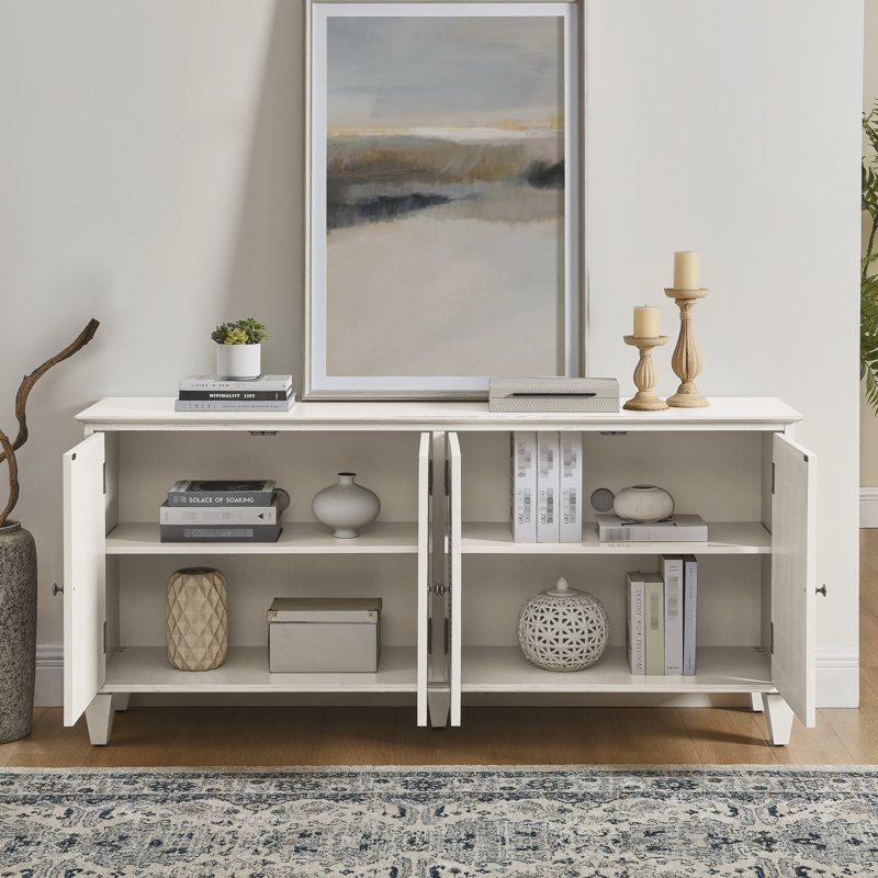 Buffet 65,2 po Mid-Century avec rangement, conception géométrique symétrique, grain de bois élégant, tablette réglable pour objets décoratifs, armoire blanc antique, style moderne, construction, rangement spacieux
