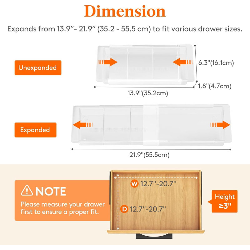 Plateaux de rangement coulissants avec tiroirs de maquillage avec insertions, cloison de tiroir de bureau suspendue extensible, plateau de rangement en plastique de 14 à 23 po de long / 1,8 po de hauteur dans le meuble-lavabo / salle de bain / bureau / c