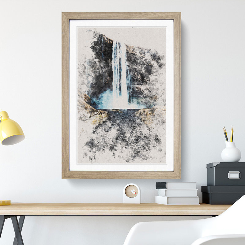Path to a Waterfall in Iceland - Picture Frame Graphic Art, Oak Framed, 65cm H x 48cm W x 2cm D