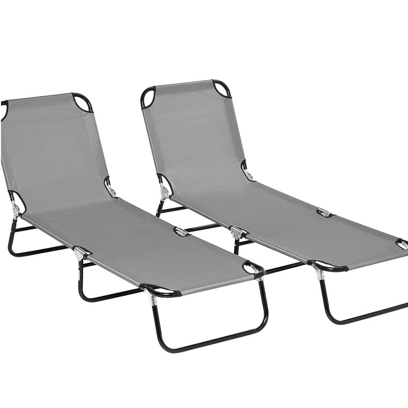 Outsunny 2 Piece Folding Chaise Lounge Pool Chairs, Outdoor Sun Tanning Chairs with 5-Level Reclining Back, Steel Frame for Beach, Yard, Patio, Dark Gray