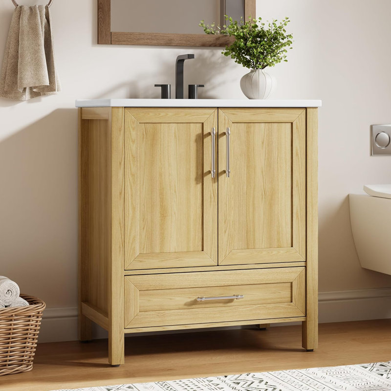 30" Bathroom Vanity with Sink, Freestanding Wood Vanity with Drawer, Natural Wood, 30", Natural Wood