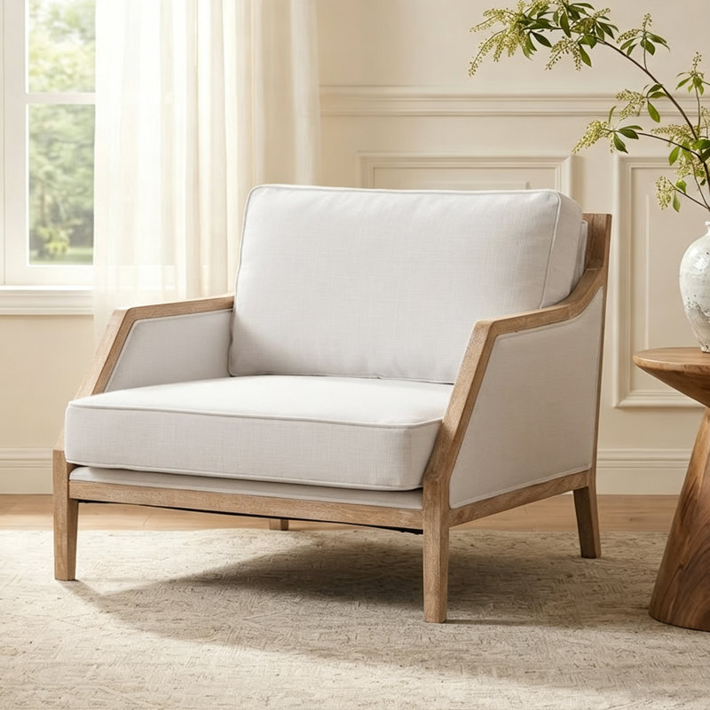 Fauteuil d'appoint surdimensionné en bois massif Farmhouse, méridienne confortable pour l'espace de vie intérieur, White, 1
