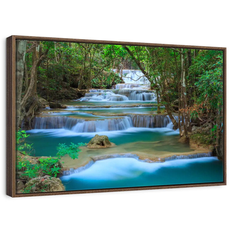 Cascade de la forêt de Kanchanaburi, 25 po x 17 po, Cadre flottant noyer