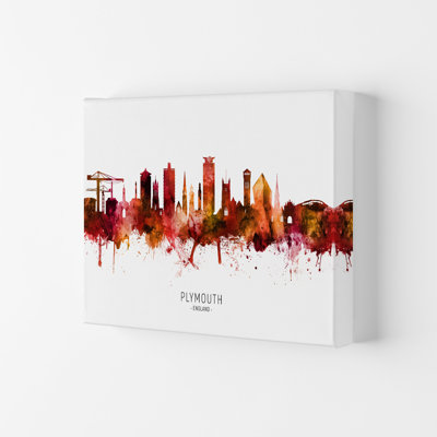 Plymouth England Skyline Red City Name by Michael Tompsett - Print