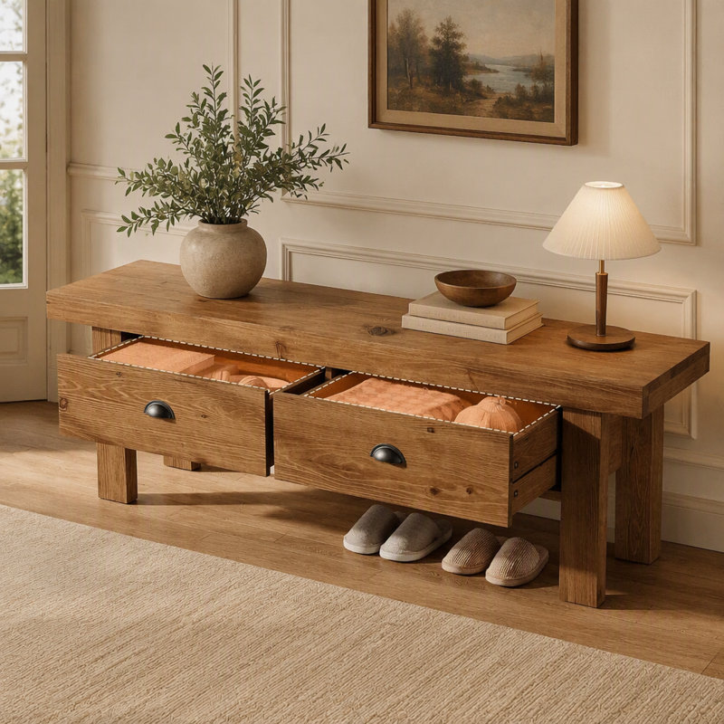 Banc d'entrée en bois massif de 140 cm, banc long de style campagnard, tabouret de bout de lit avec 2 tiroirs
