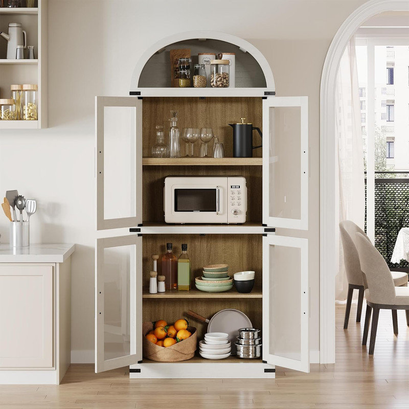 71.4" Arched Farmhouse Bookcase with Glass Doors, Wooden Display Cabinet for Living Room, Kitchen, White/Natural
