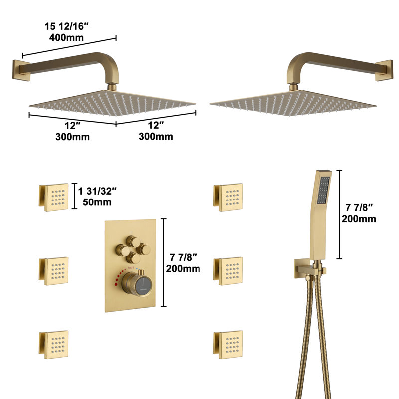 Dual Shower Head Thermostatic Rainfall Shower System with Rough in-Valve and Shower Body Spray, Brushed Gold