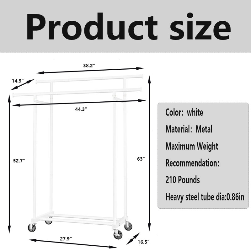Double tringle à vêtements, supports à roulettes robustes avec roulettes, Blanc