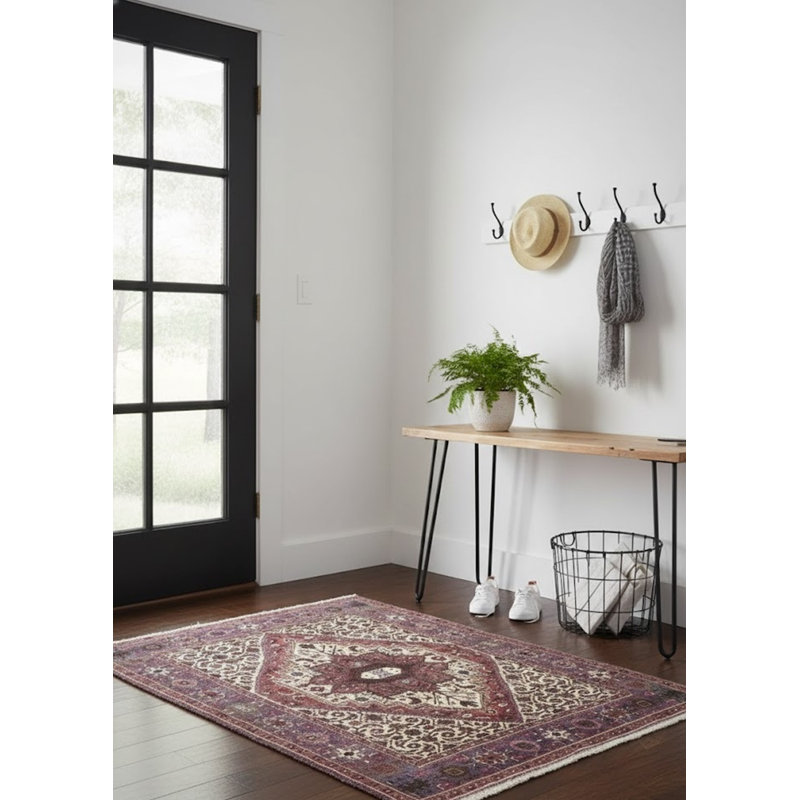 Tapis rouge / beige en laine noué à la main Flourtown