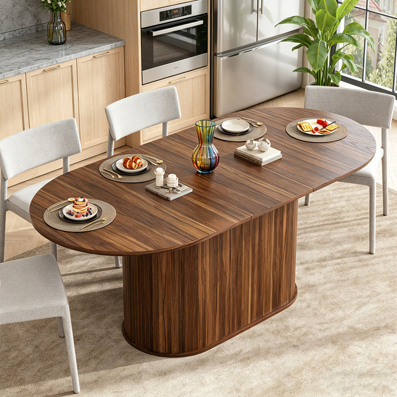 Extendable Walnut Wood Curved Dining Table, 55.2-70.98 Inches, Striped Legs, Suitable For Living Room And Kitchen., Brown