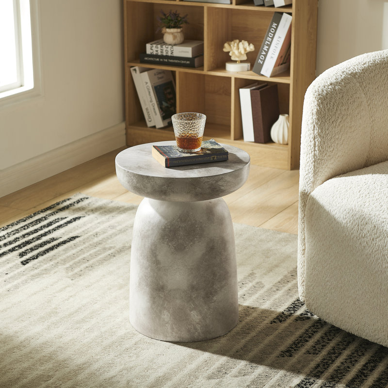 14" Round Concrete Side Table, Indoor/Outdoor Faux Marble End Table with Mushroom Shape