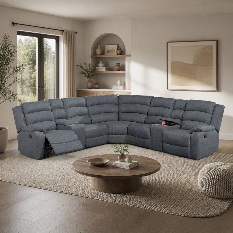 Ensemble de canapé modulaire inclinable 3 pièces manuel à mouvement manuel avec tissu en toile de jute gris foncé