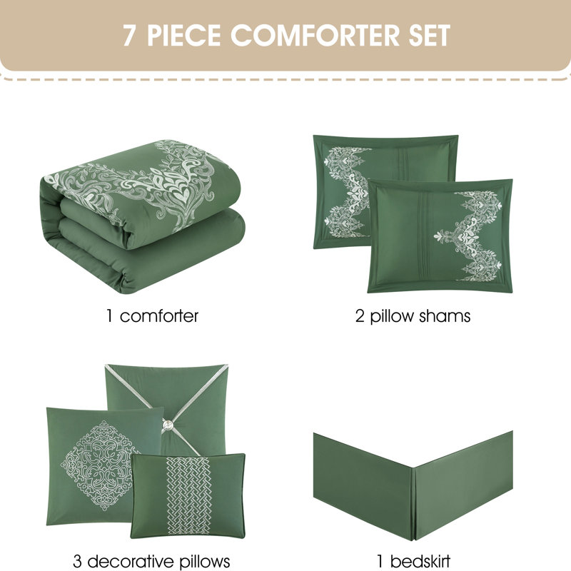 Ensemble d'édredon traditionnel 7 pièces Kelly, Édredon de très grande taille et 6 pièces suppl, Vert