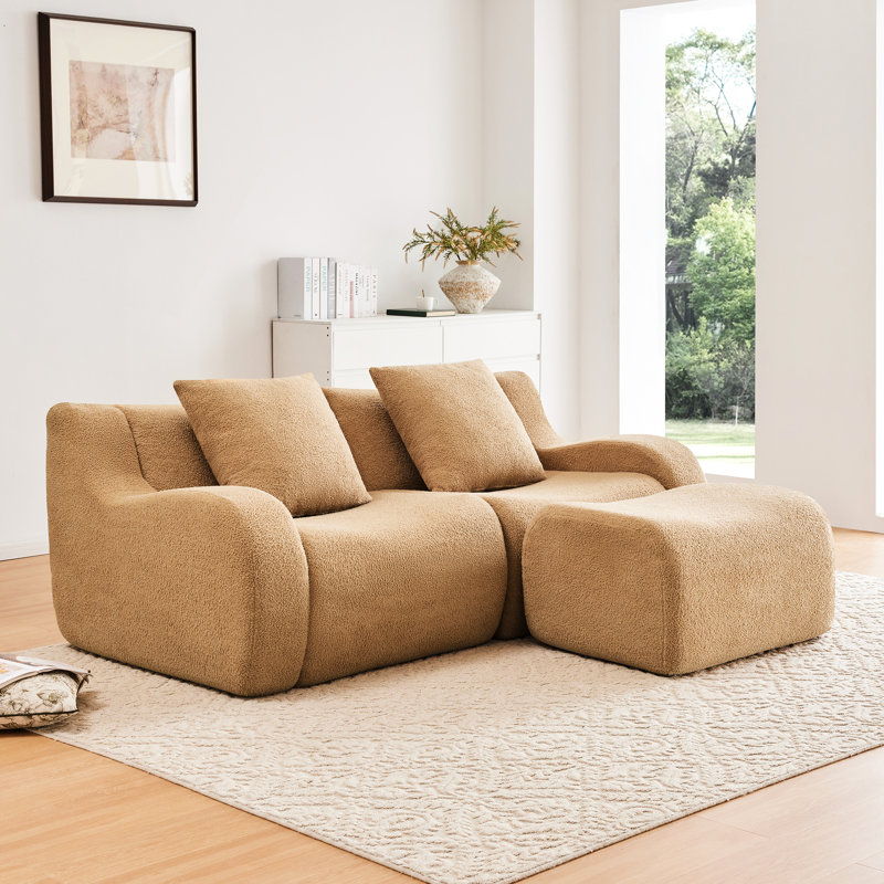 Canapé d'angle en forme de L, tissu camel sans os, accoudoirs incurvés, design épuré, mousse haute densité ergonomique 32D, aucun assemblage requis, base antidérapante