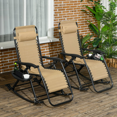 Chaise berçante inclinable et pliable 2 pièces avec coussin, porte-gobelet et téléphone