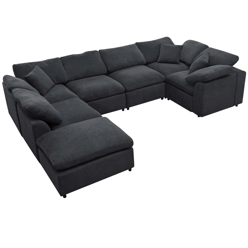 129" Extra-Wide Modular Sectional Sofa - 7-Seater Diamond Weave Polyester, Beige Duplicate 2