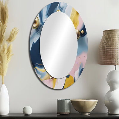 Jaune et bleu pierre fluide V - grand miroir mural ovale sur métal