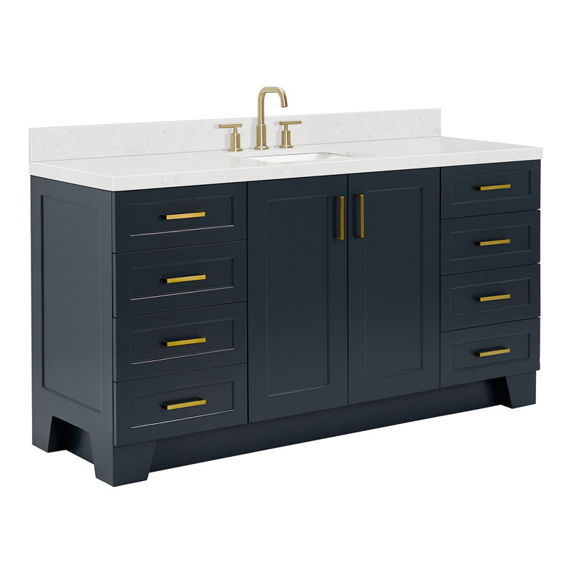 Ensemble de meuble-lavabo simple en bois massif 66 po Freitas, Forme rectangulaire, Bleu minuit, Quartz de Carrare
