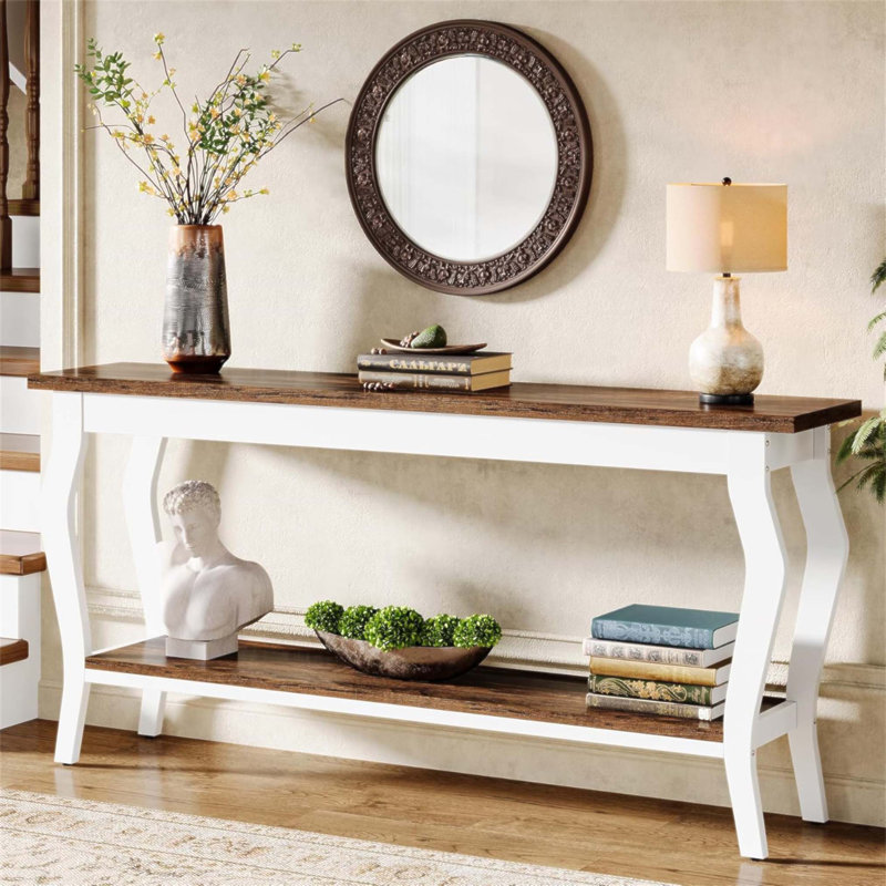 Console rétro vintage avec 2 tablettes, canapé extra long pour grands canapés modulaires et rangement dans le vestibule