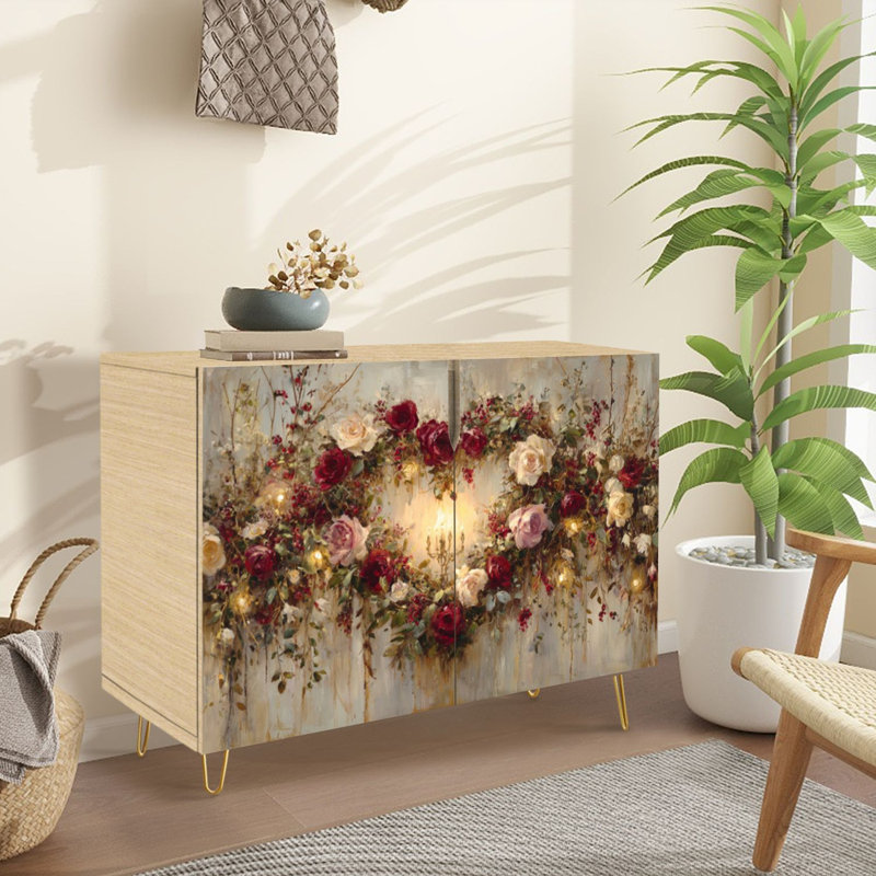 Buffet Buffet avec rangement Couronne de fleurs en forme de cœur romantique avec roses rouges et baies douces avec 2 portes pour le salon et la cuisine