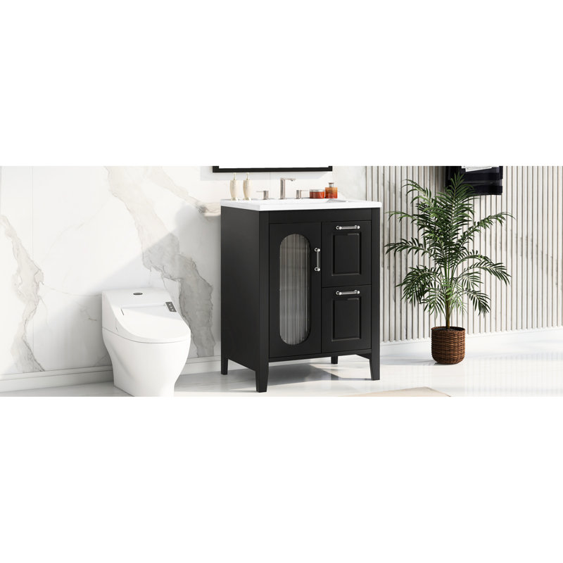 Meuble-lavabo de 24 po avec lavabo, bois massif et construction, noir, deux tiroirs, porte, tablette réglable, conception autoportante en verre céramique, style moderne, grand rangement en caoutchouc noir de 24 po, armoire