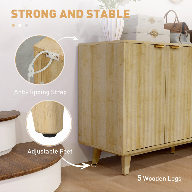 Commode pratique, armoire à buffet cannelée, avec portes, tablettes réglables, pieds en bois