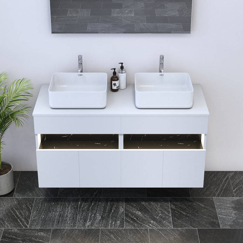 Meuble-lavabo double 47,2 po avec plateau en bois manufacturé Lieke, Blanc