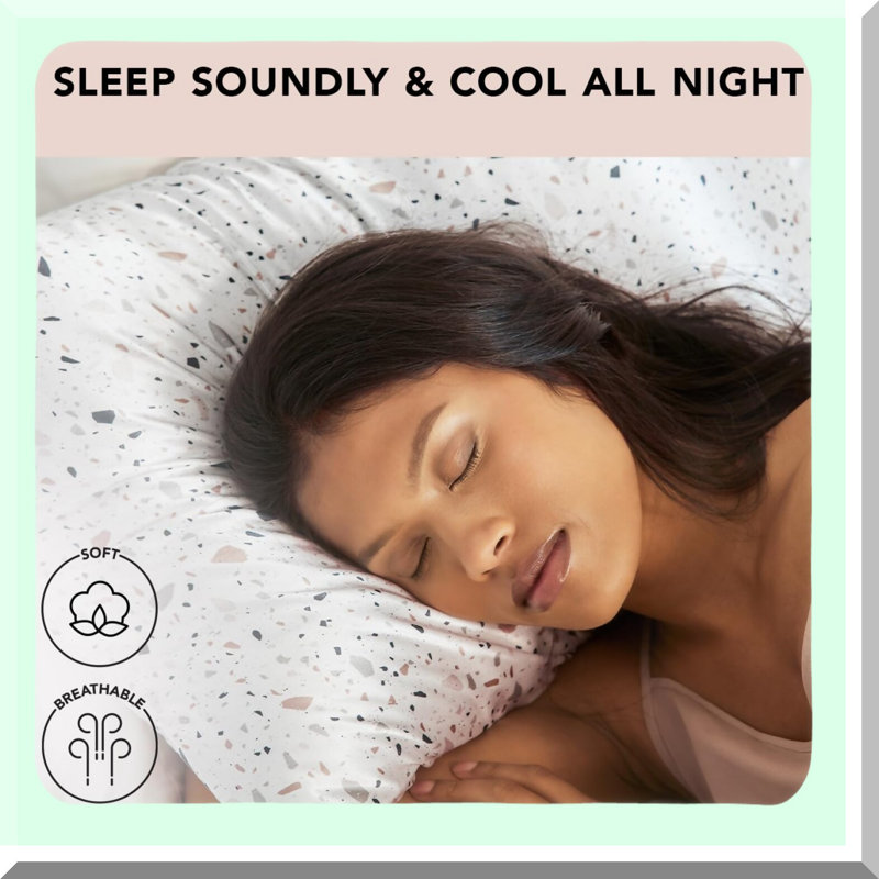 CoolSilk Hair Pillowcase - Soft Cooling Pillow Cover with Zipper, Standard Size White Terrazzo Design - Perfect Gift