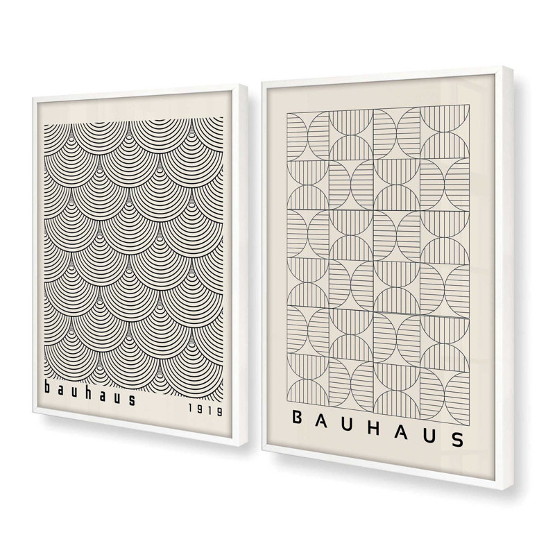 Ensemble de 2 reproductions abstraites de Bauhaus, 16 po x 12 po, Cadre opaque blanc, H 25,5 po x l 37,5 po x P 1,25 po