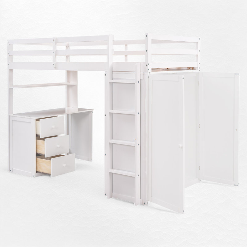Lit mezzanine avec bureau intégré et garde-robe, Simple, Blanc