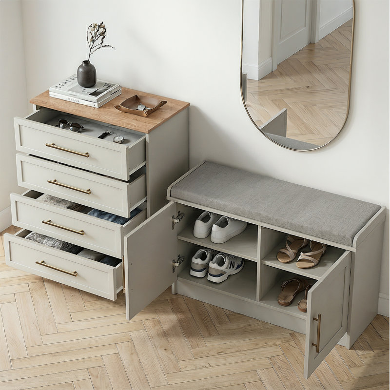Cleverton Hallway Shoe Storage Bench With 4 Drawer Dresser Living or Bedroom Set, Light Grey