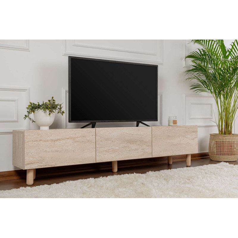 Meuble télé moderne avec pieds en bois 70,9 po x 16,5 po x 12,4 po | 100% panneau de particules enduit de mélamine, épaisseur: 0,7 pouce | Conception élégante en marbre pour le salon, solution de rangement durable et élégante