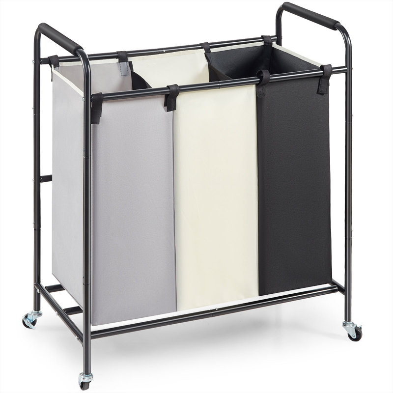 Panier à linge à 3 compartiments, chariot de tri du linge avec roulettes robustes et verrouillables pour le linge sale dans la buanderie ou la chambre, organisateur de rangement pour le linge sale