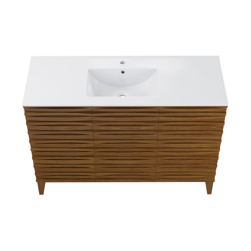 Meuble-lavabo Cascade 48 po en chêne brun, Trou unique, Blanc, Brown Oak