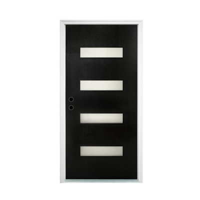36 in. x 80 in. Flush Right-Hand 4-Lite Frosted Glass Fiberglass Front Door Slab with Frame, Threshold, Hinge, Black