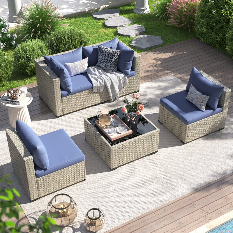 5 Pieces Rattan Patio Conversation Sets With Cushions, Haze Blue