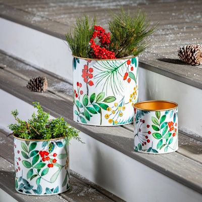Festive Foliage Printed Metal Planters, Set of 3
