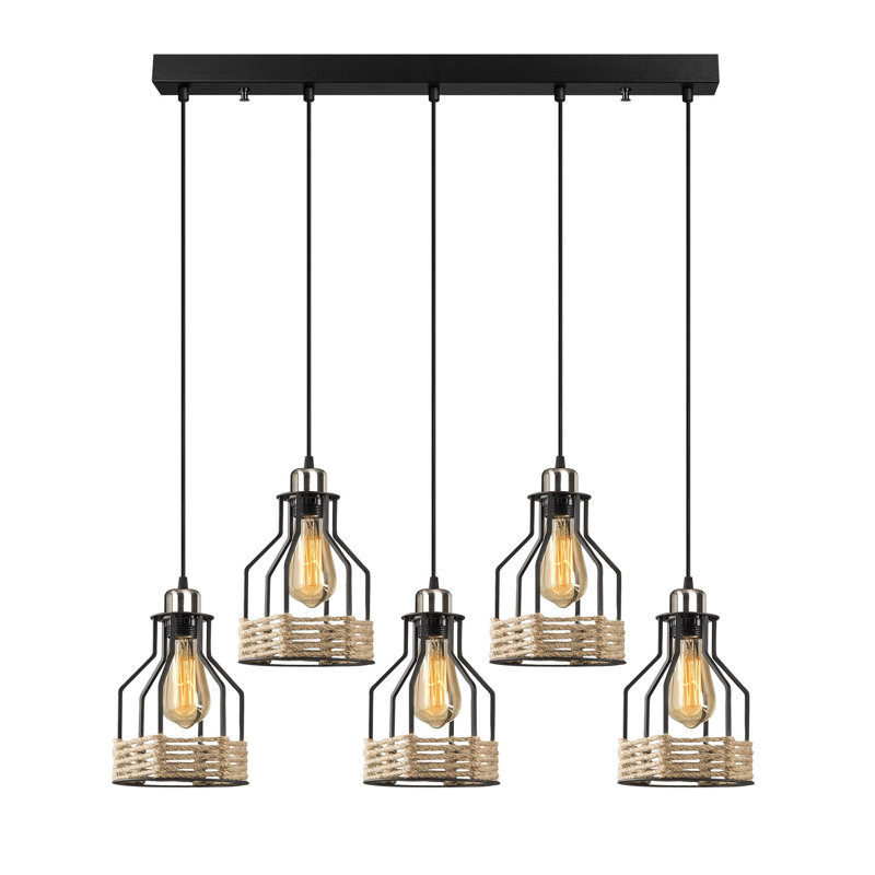 Lustre de style industriel, structure en métal noir, 46,1 x 6,0 x 4,0 pouces | Hauteur réglable jusqu'à 46,1 pouces | 5 x douilles E27 de 40 W maximum | Parfait pour le décor de chalet et de chalet nostalgique, IP20, solution d'éclairage élégante