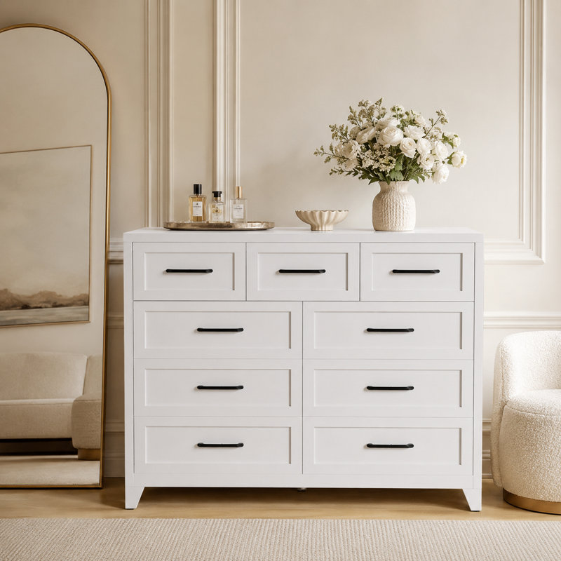 Commode blanche à 9 tiroirs en métal, 3 petits et 6 grands tiroirs avec glissières pleine extension, White
