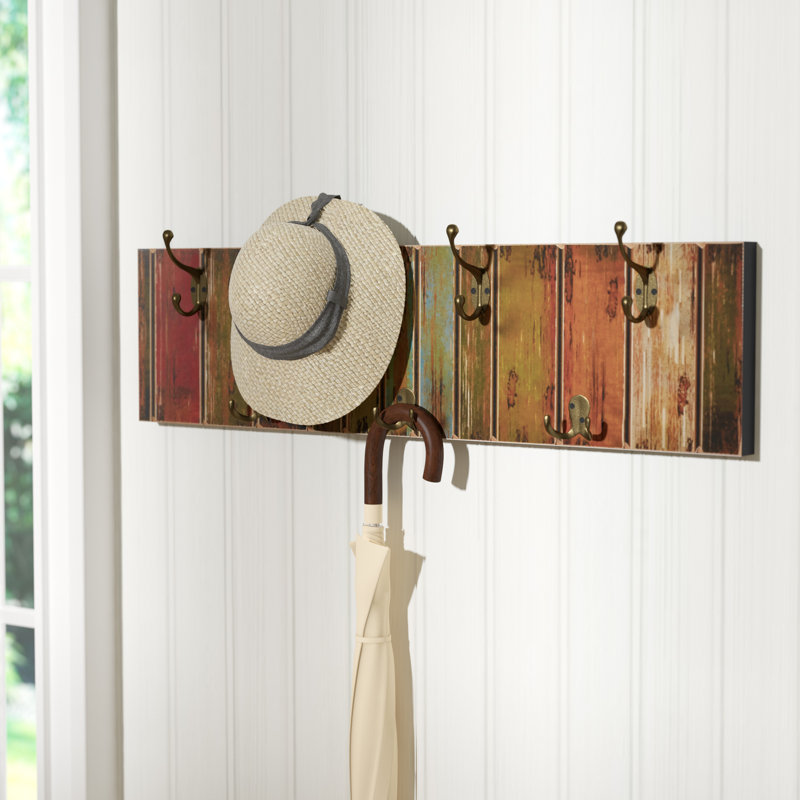 Freida Wall Mounted Coat Rack with 7 Hooks on Distressed Printed Wood Design