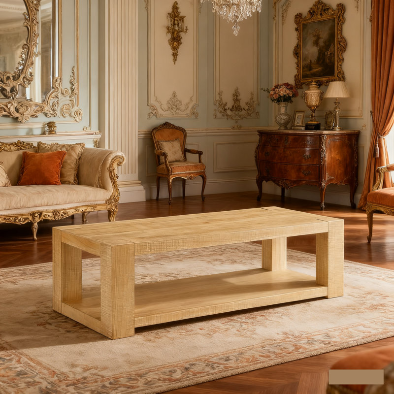 Modern Two-Tier Rectangle Coffee Table With Open Shelf, MDF Wood Veneer, Sturdy Pedestal Base, Multi-Functional For Living Room, Easy Assembly (Made In Vietnam)