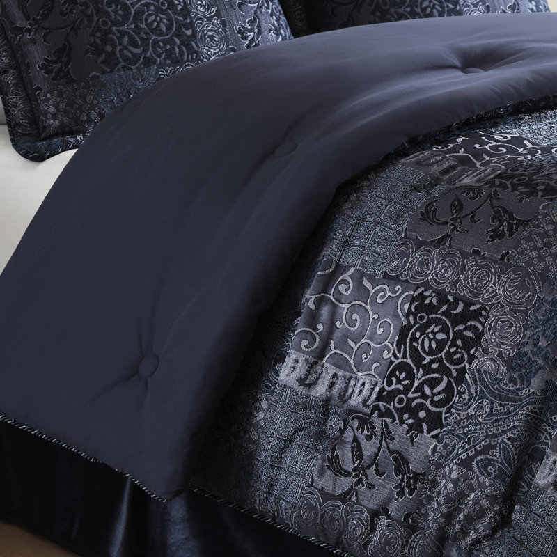 Édredon 4 pièces grand bleu marine - 2022 amélioré pour plus de fermeté. Fermeture à glissière cachée, patchwork exquis. L 92 po x L 96 po, taies décoratives l 20 po x L 26 po + P 2 po, l 60 po x L 80 po + P 15 po, façade en chenille durable. .