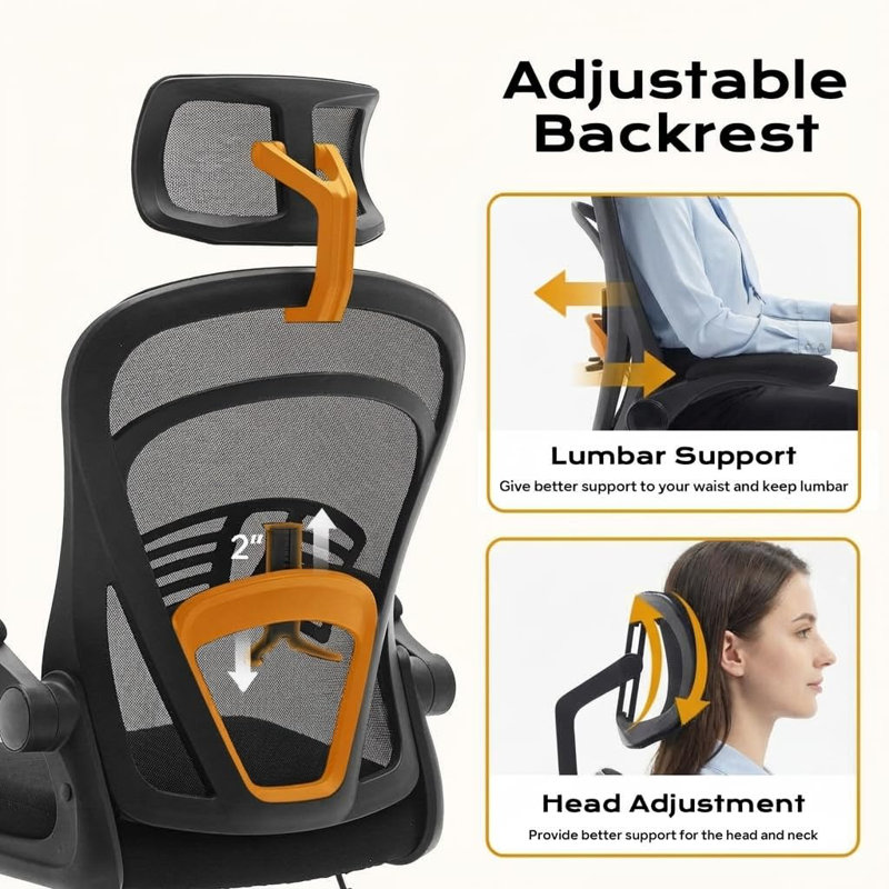 Ergonomic Office Chair with Flip-Up Arms and Lumbar Support, High-Back Mesh Computer Desk Chair for Office, Comfy Swivel Task Chair Gaming Chairs with Wide Seat - Black