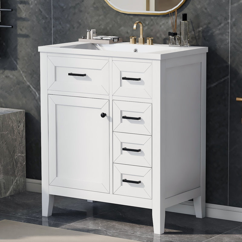 Meuble-lavabo blanc 30 po - Armoire moderne avec lavabo et tiroirs de rangement, Blanc, Noir
