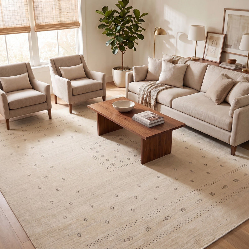 Simi Hand Knotted Cotton/Wool Southwestern Area Rug, Snow, Rectangle 8' x 10'